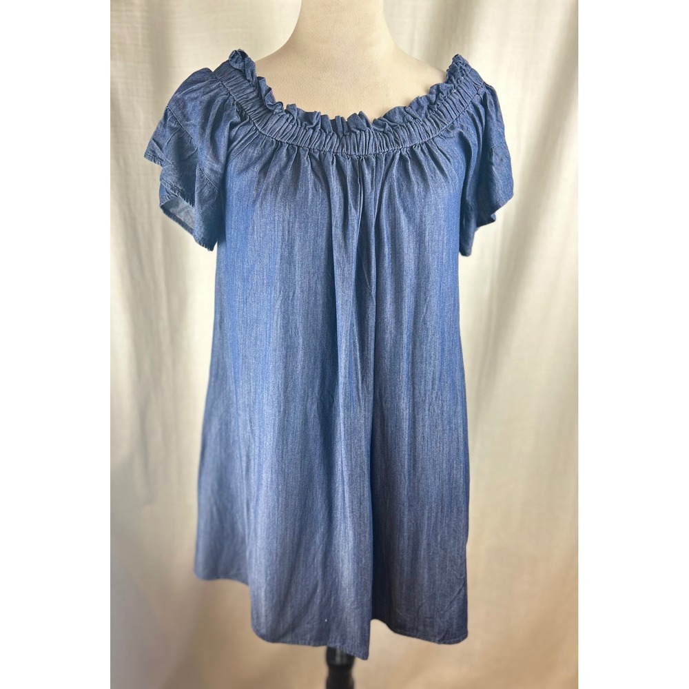 Umgee USA Blue Chambray Ruffle Neck Tunic Dress Size Medium